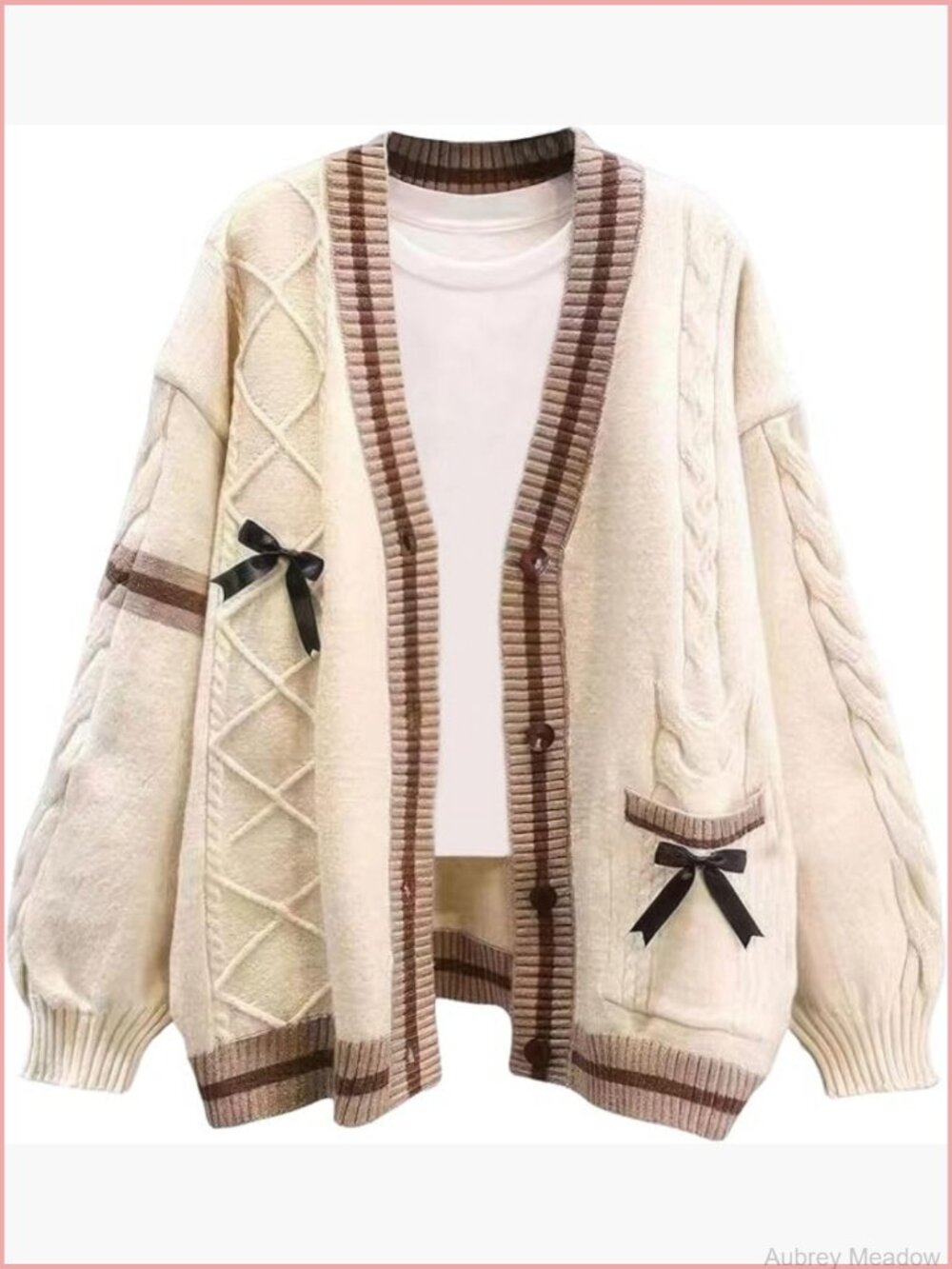 Kawaii Bowknot Cable Knit Cardigan - Chunky Open Front Sweater
